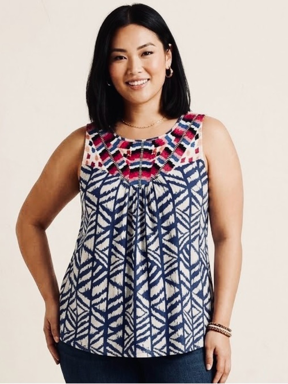 Lucky Brand Blue and Pink Geometric Embroidered Yoke Tank